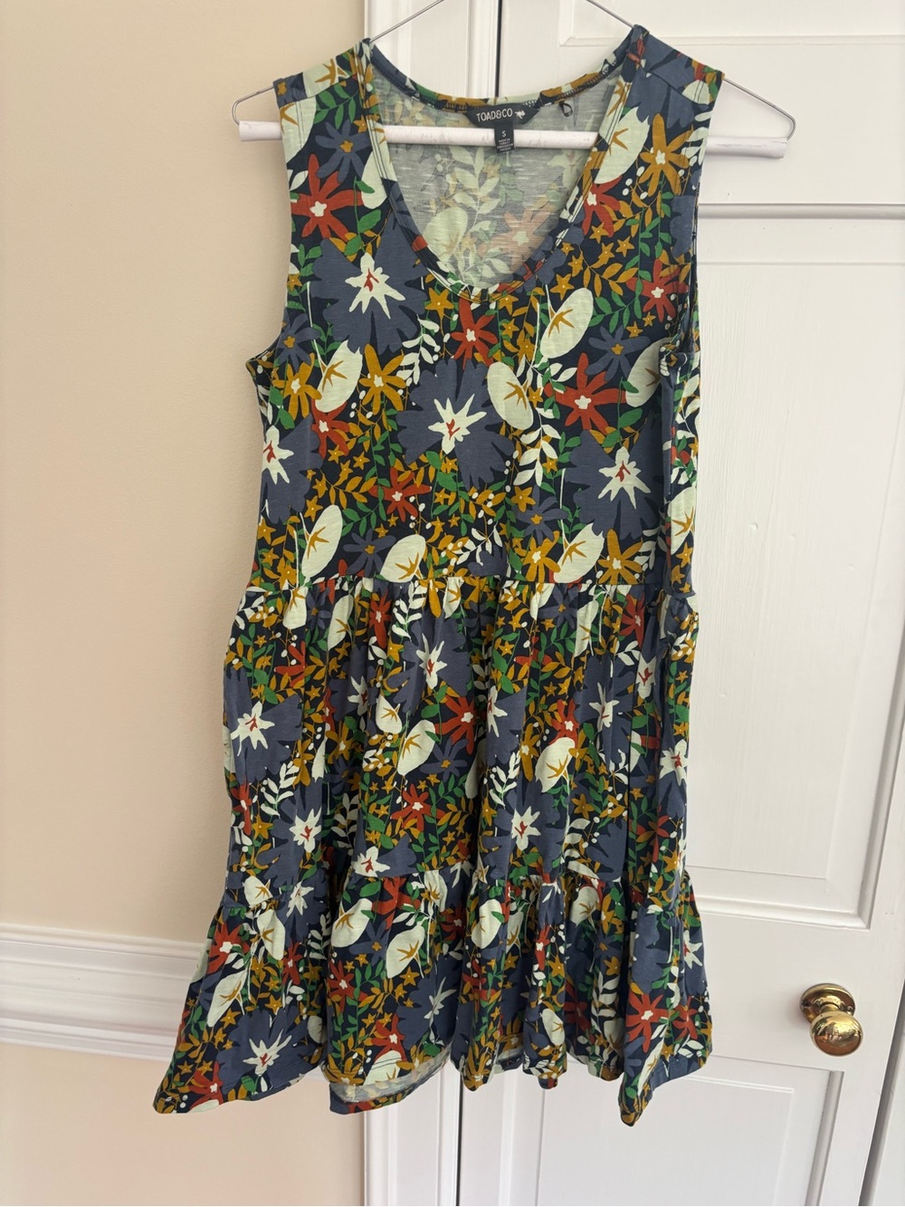 Toad&Co Navy Floral Tiered Midi Dress with Rust and Mustard Accents